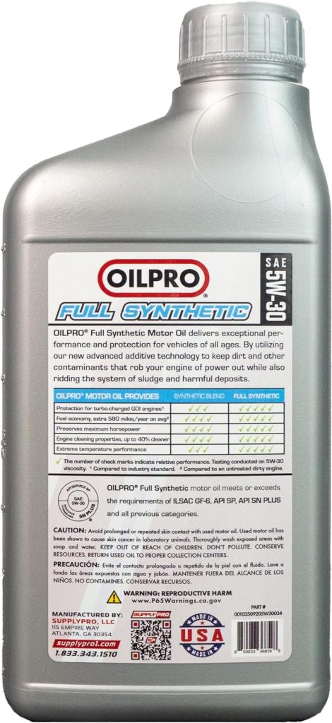 oilpro full synthetic 5w30 passenger car motor oil review
