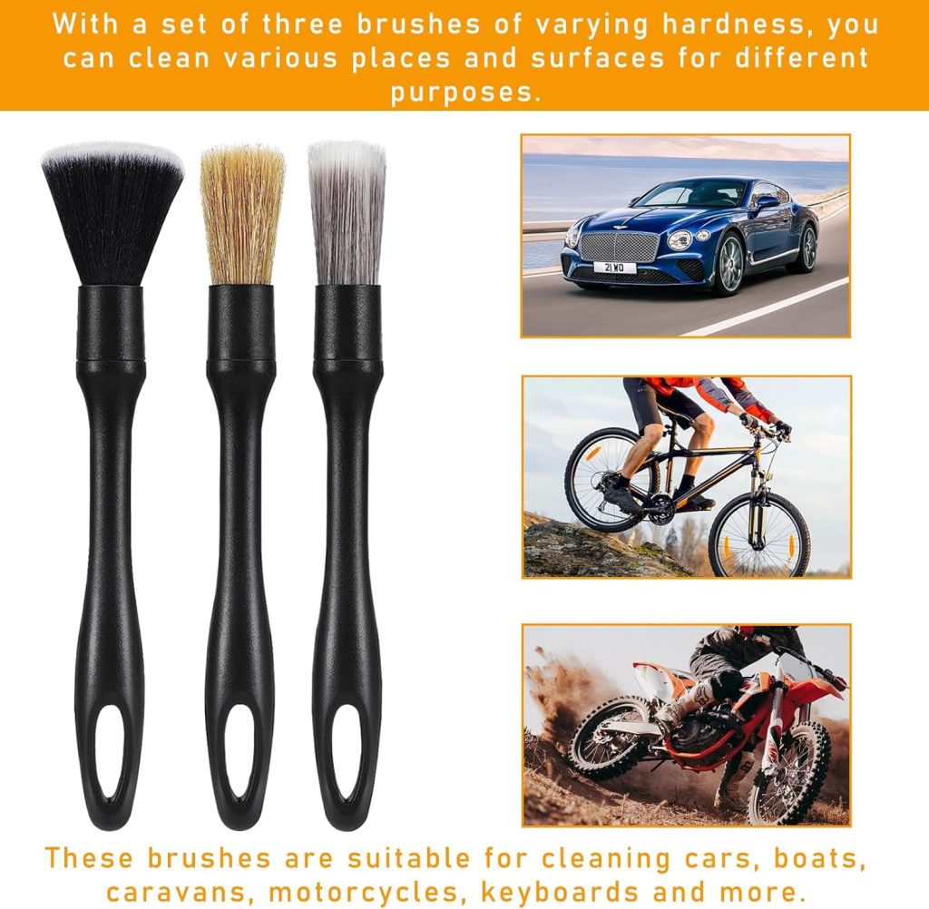 Ziciner 3PCS Car Detailing Brush Set, Scratch-Free Natural Boar Hair Brushes, Auto Multi-Purpose Cleaner Kit for Interior Exterior, Dashboard, Air Vent, Leather Seat, Tire, Engine Bay